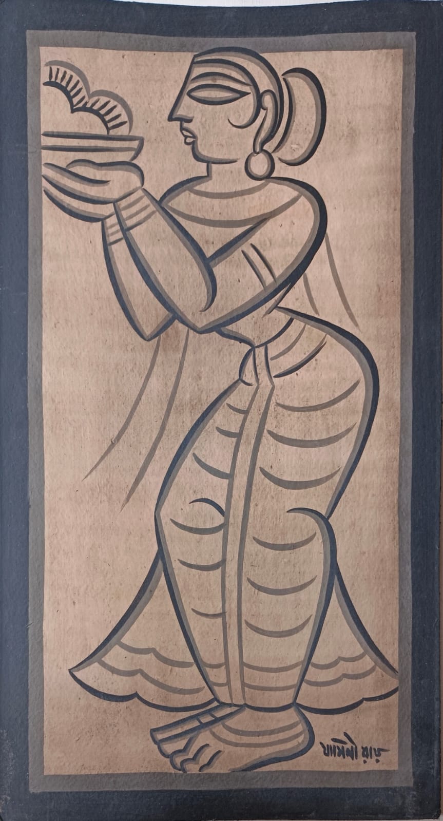 Jamini Roy, Pujarin with Offering, tempera on board, featuring a woman in profile carrying a tray, rendered with bold black outlines and almond-shaped eyes