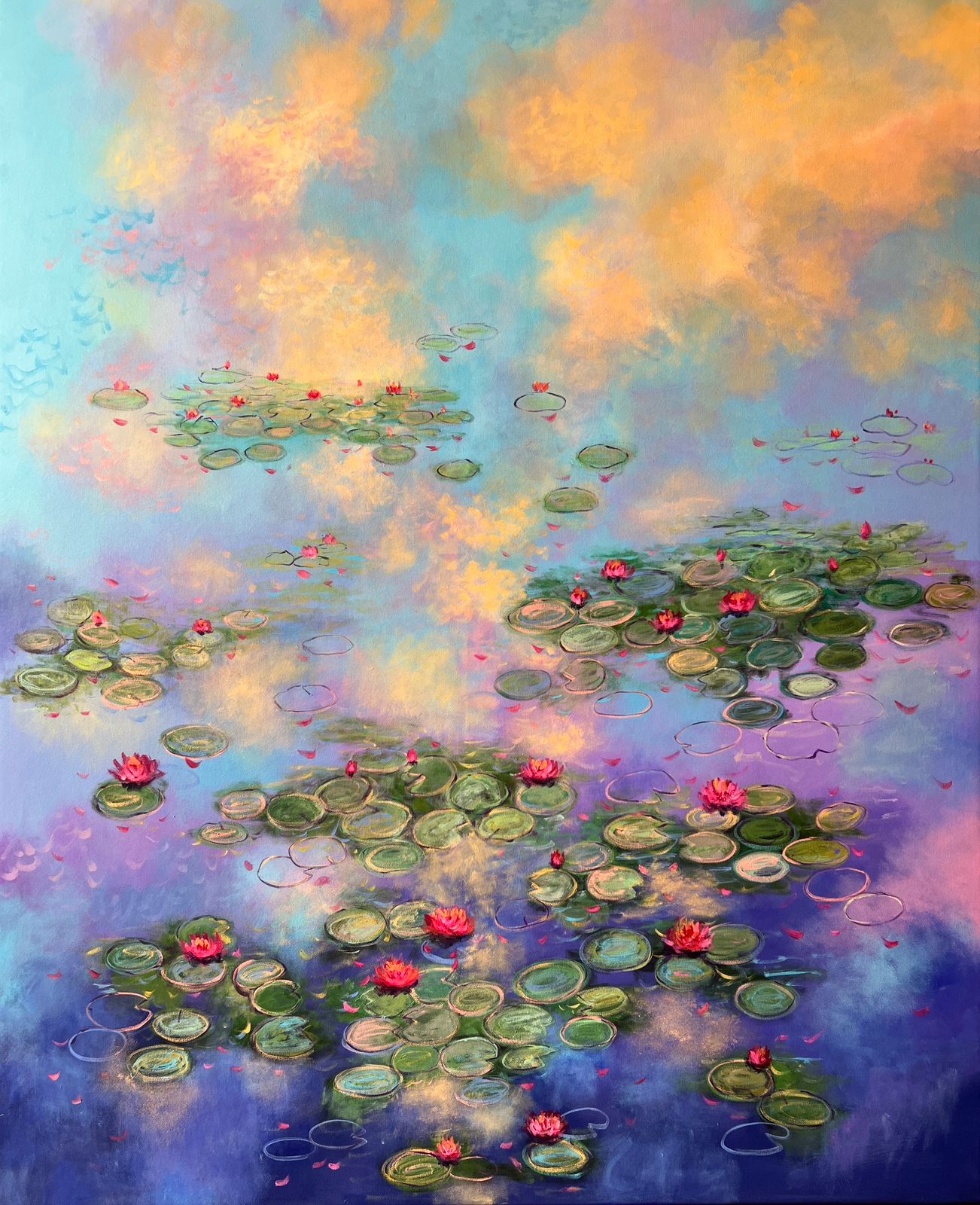 Large vertical painting by Amita Dand titled "Celestial Tapestry," featuring pink lilies on a blue and purple pond with golden-yellow cloud-like reflections.