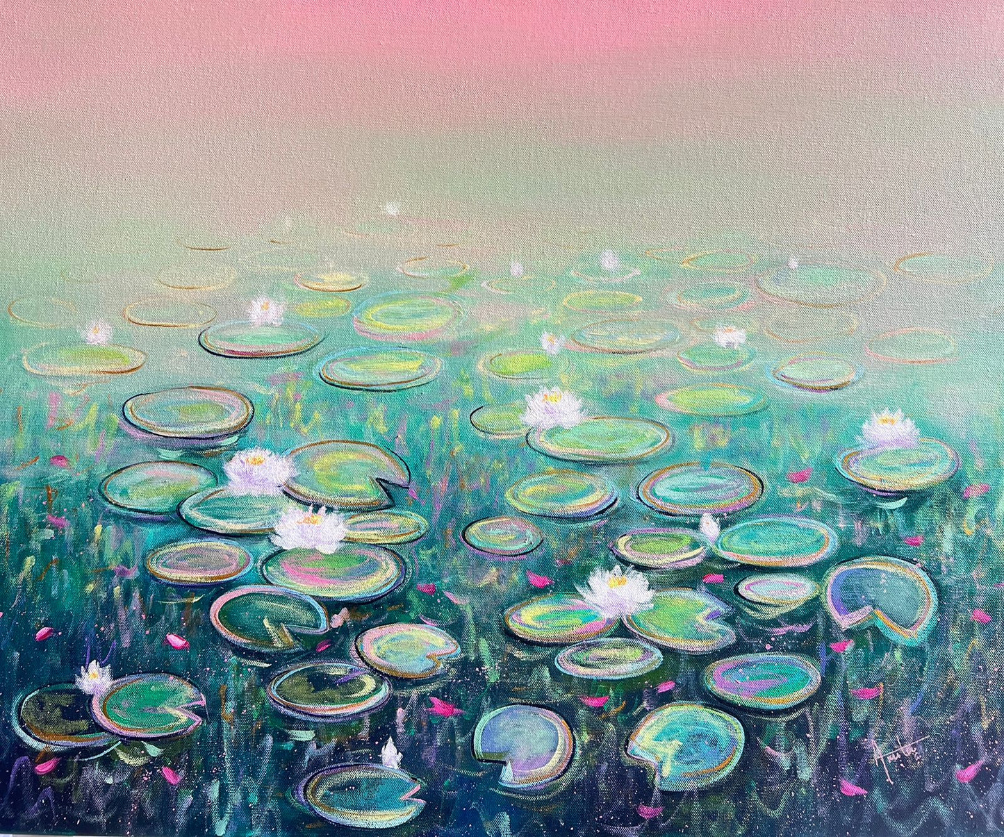 Contemporary landscape painting by Amita Dand titled "First Love," depicting white water lilies and green lily pads on a dark teal pond under a soft pink sky.