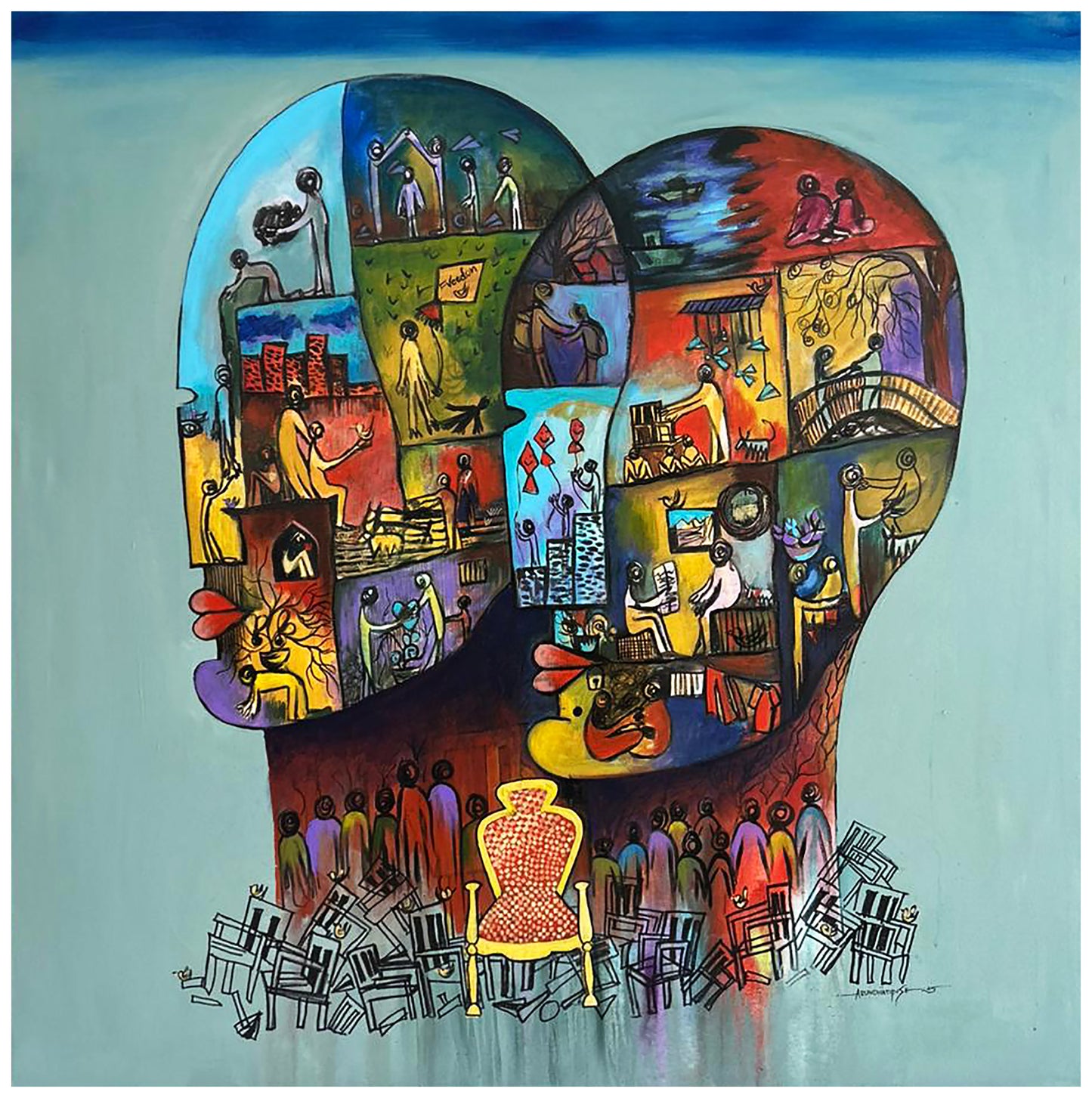 Original mixed media painting by Arundhati Pise titled Unity – The Decision Makers, featuring a double-profile silhouette filled with colorful narrative scenes above a yellow throne and empty chairs.