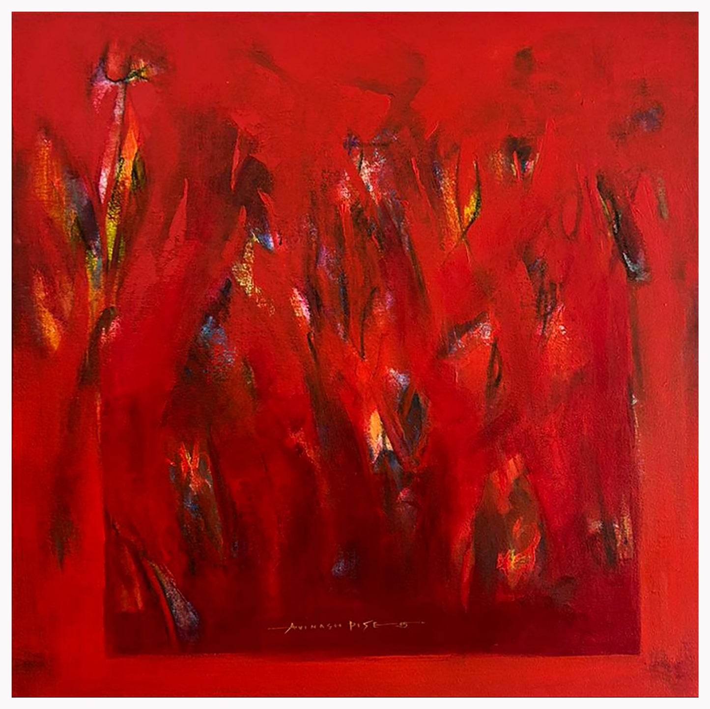 Original square abstract painting titled Ember Ground by Avinash Pise, featuring vibrant red textures and a central rectangular composition with gestural vertical marks.