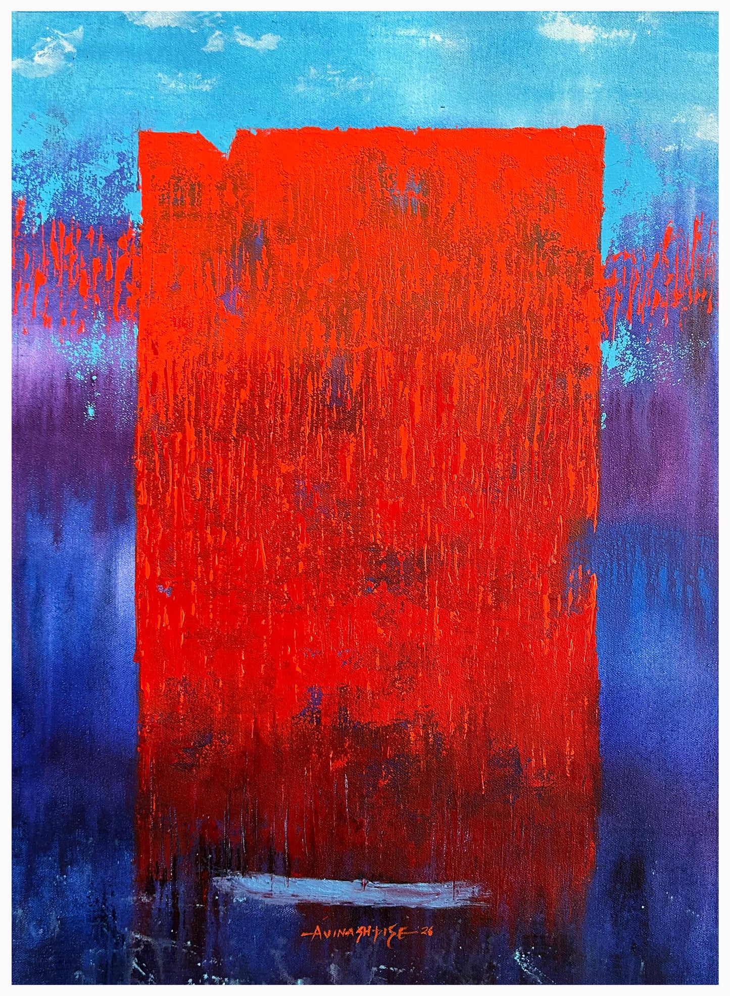 A large vertical abstract painting by Avinash Pise titled Silent Collision, featuring a textured bright red rectangular form centered on a blue and purple gradient background.