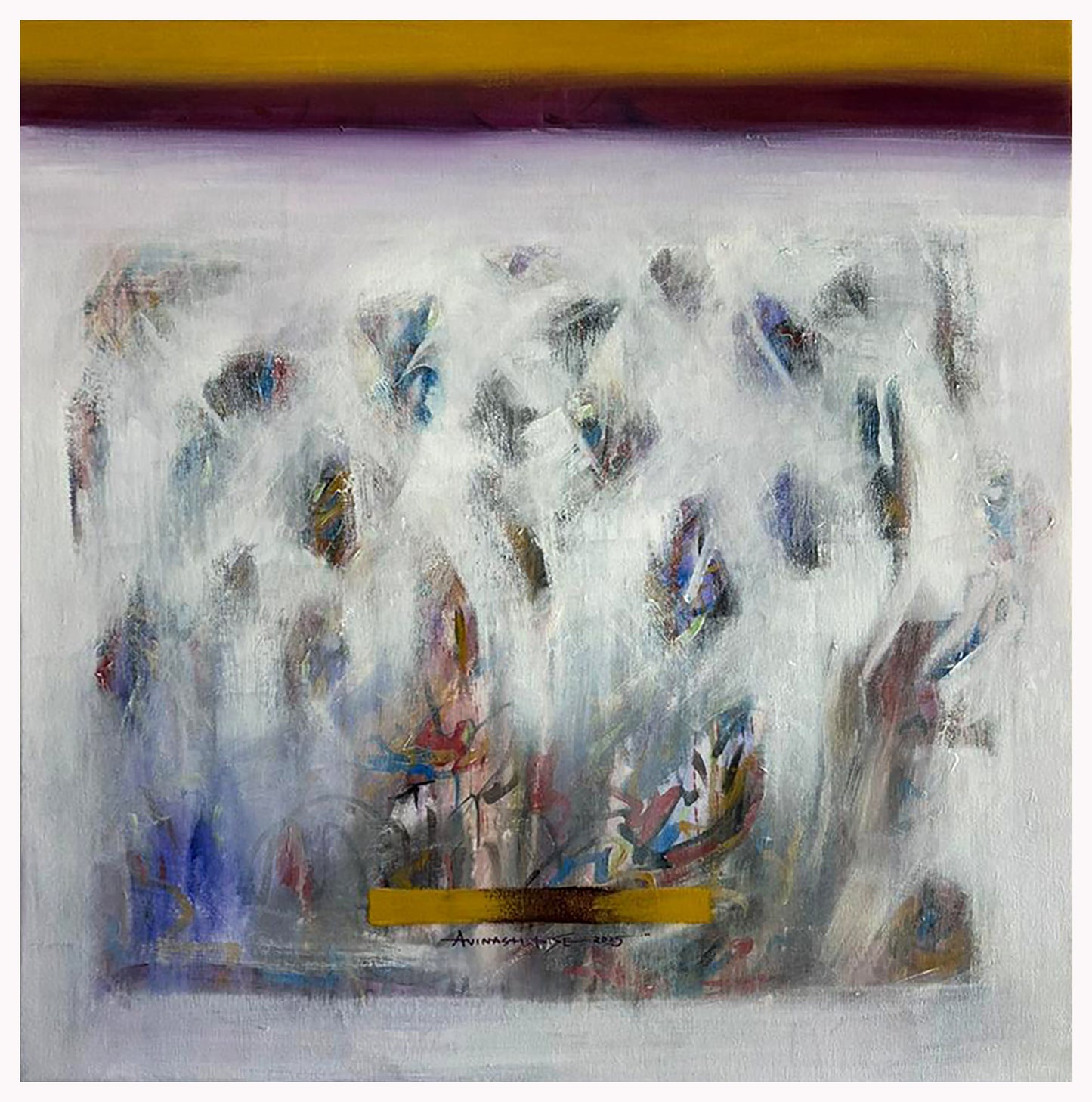 Vertical abstract painting titled Soft Convergence by Avinash Pise, featuring a white textured background with floating indigo and violet gestures and ochre horizontal accents.