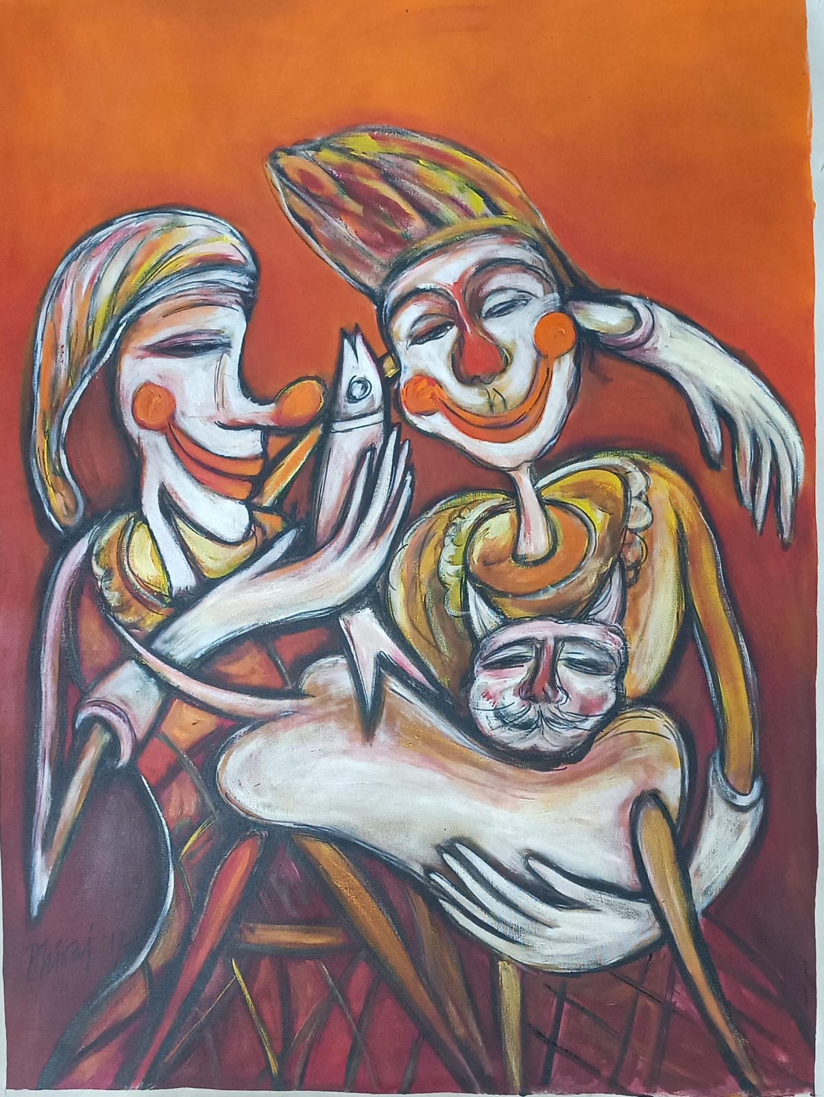 Figurative expressionist painting with symbolic human figures by Dhiraj Choudhury
