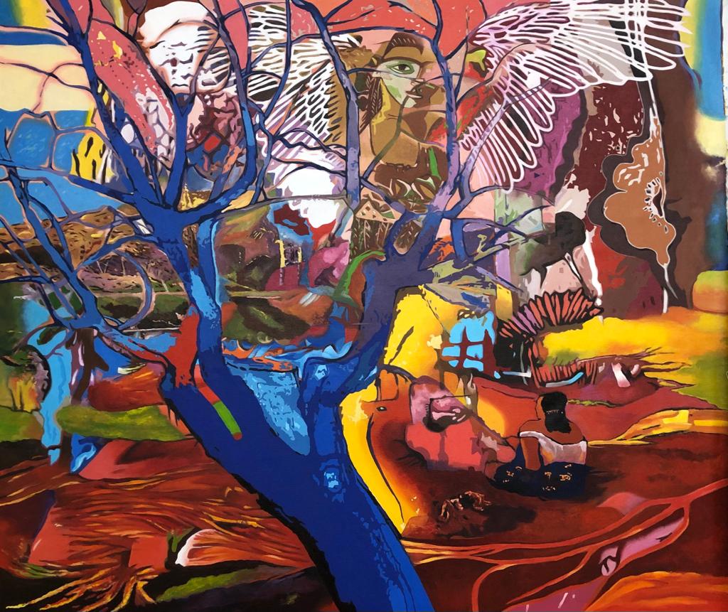 A vibrant contemporary figurative painting by Fawad Tamkanat titled Blue Tree featuring a bold cobalt tree and ethereal figures against a colorful landscape