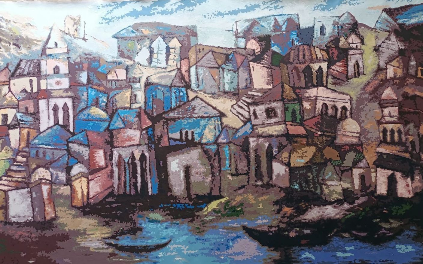 A contemporary cityscape painting by Fawad Tamkanat featuring blue-toned architectural forms, domes, and boats riding at anchor on a river.