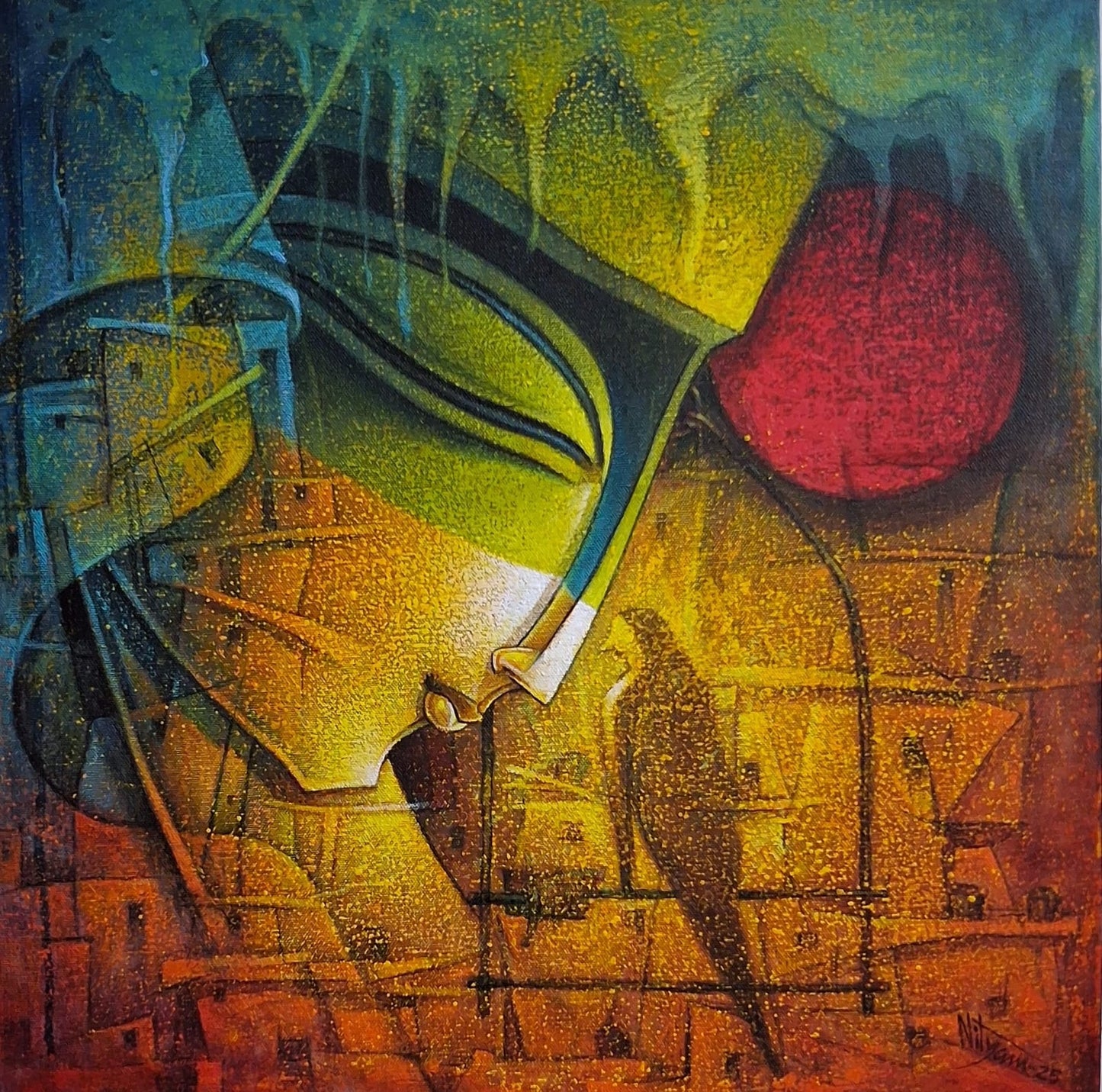 Cubism-influenced figurative acrylic painting with a stylized profile and bird motif by Nityam Singha Roy