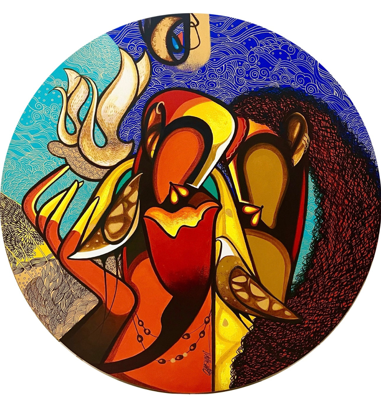 Circular contemporary painting by Om Swami featuring stylized red and gold figures against a blue patterned background