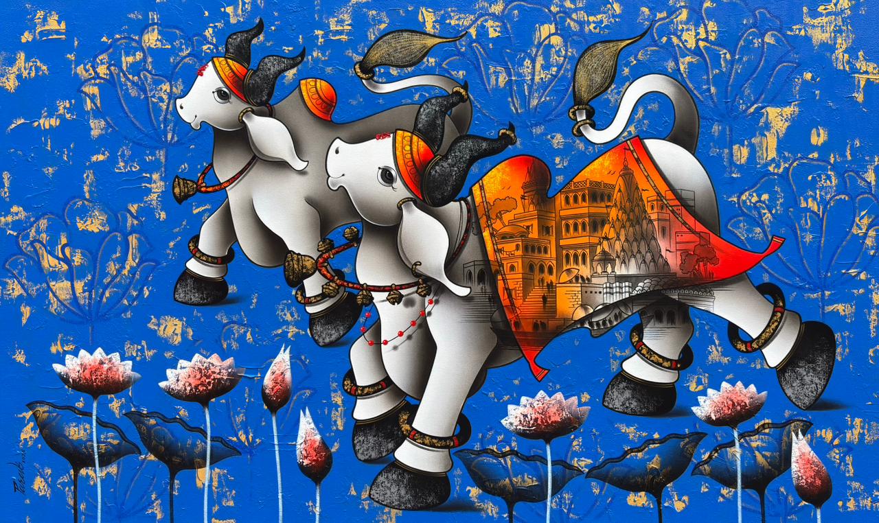 Paras Parmar contemporary Indian painting titled Nandi with Lotuses, featuring two white stylized bulls above lotus flowers on a textured vivid blue background with gold accents.
