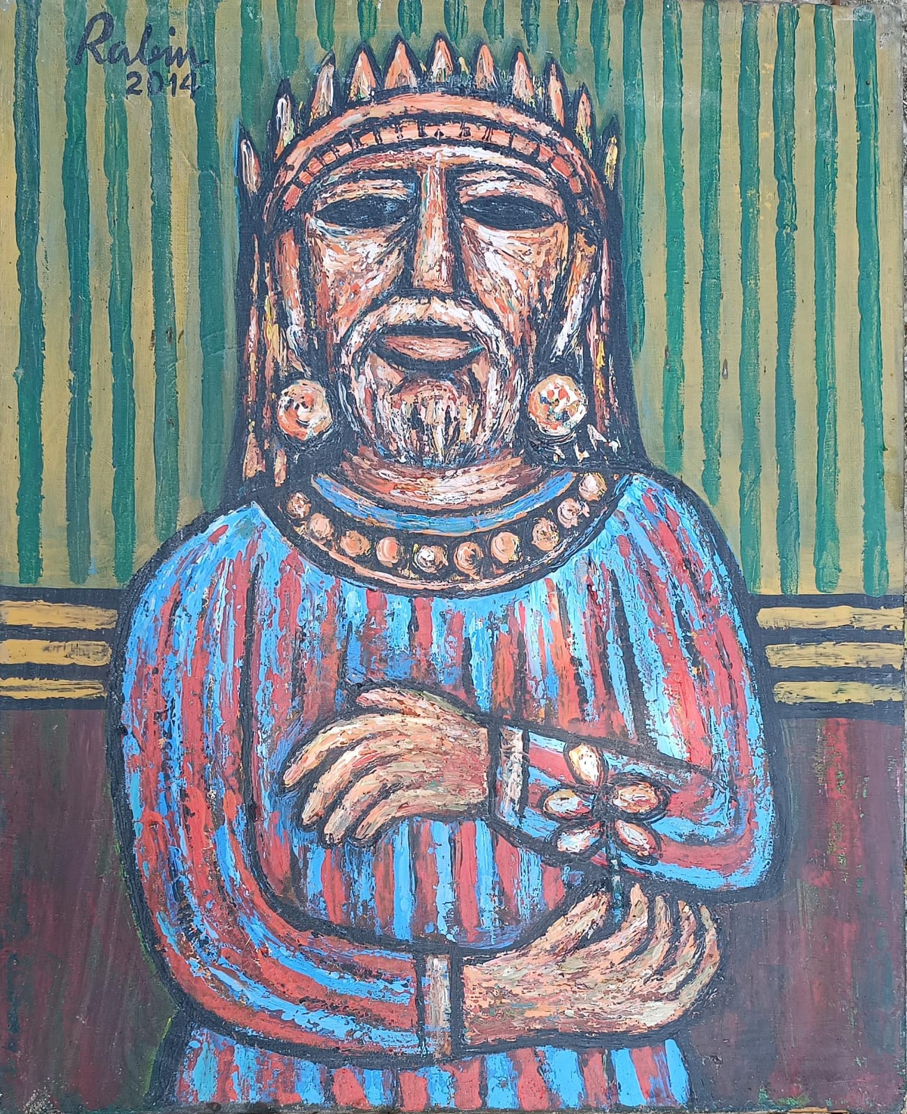 Rabin Mondal crowned male figure painting 2014 modern Indian figurative art, buy original painting online