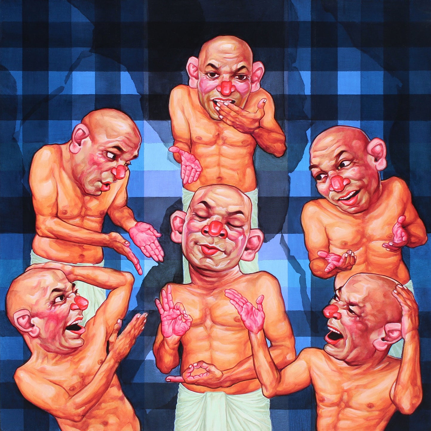 Rajendra Kapse contemporary painting featuring six satirical figures in various theatrical poses against a blue checkered background.