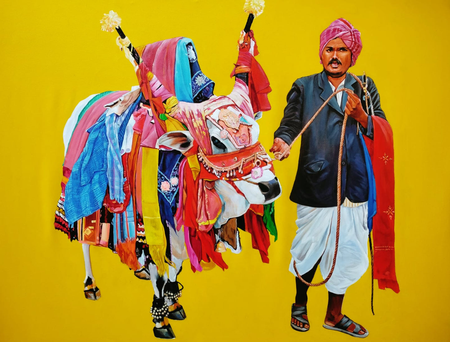 Sujit Karmakar painting of a rural Indian man holding a decorated bull with vibrant textiles on a yellow background