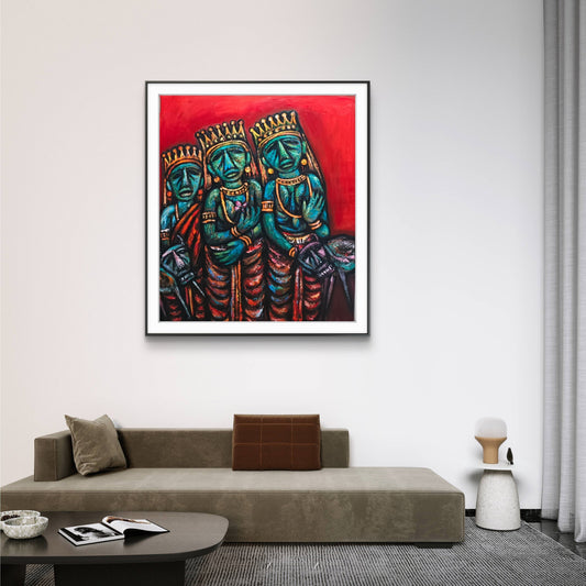Original Rabin Mondal expressionist painting of three crowned figures in bold red and blue tones, ideal for modern living room wall art and art collectors seeking unique figurative artwork.
