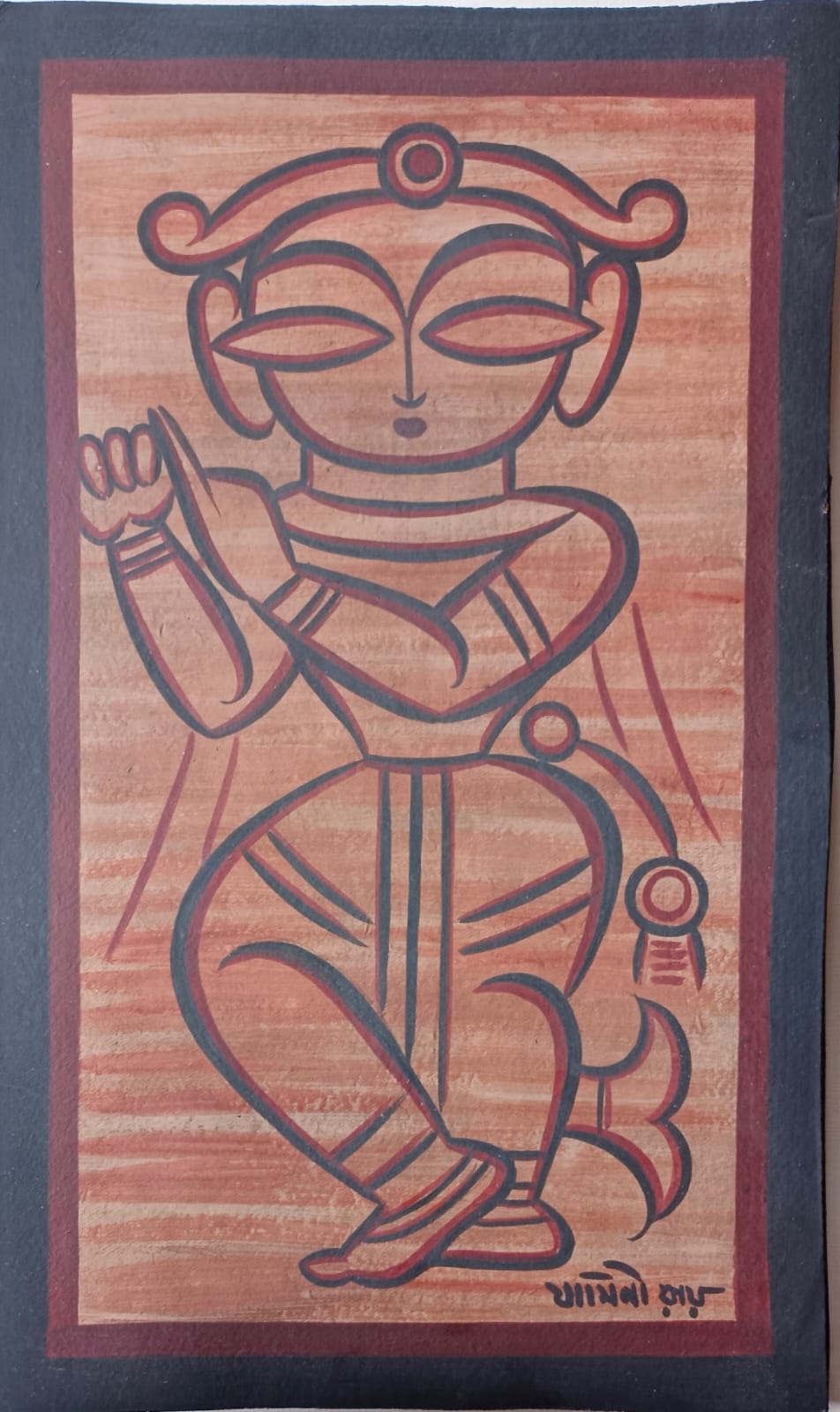 Stylized tempera painting of Lord Krishna by Jamini Roy on board, featuring bold outlines, almond-shaped eyes, and earthy terracotta and black tones.