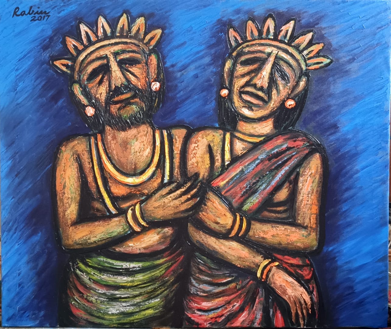 Original painting by Rabin Mondal titled King and Queen in Blue, featuring a crowned male and female figure with heavy outlines and impasto texture against a gestural blue background.