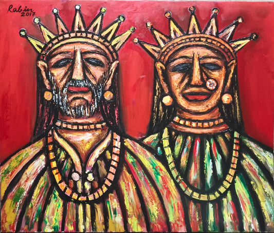 Original painting by Rabin Mondal titled King and Queen, featuring two crowned figures with heavy outlines and impasto texture against a red background.