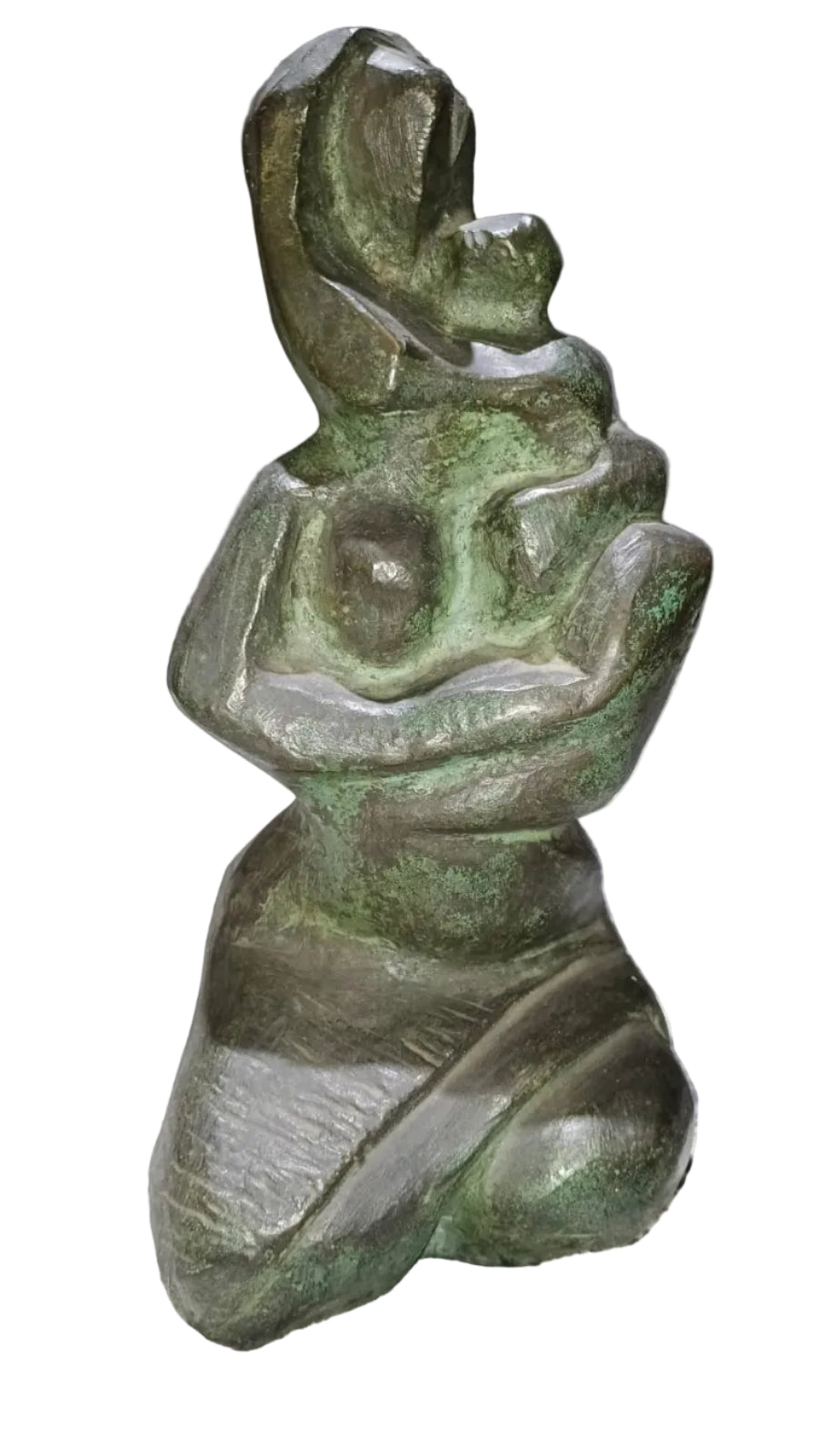 Modern bronze sculpture by Tapas Sarkar depicting a stylized mother and child with a textured green and dark brown patina