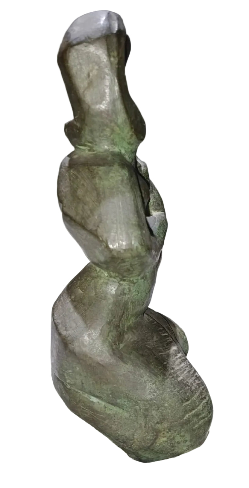 Modern bronze sculpture by Tapas Sarkar depicting a stylized mother and child with a textured green and dark brown patina