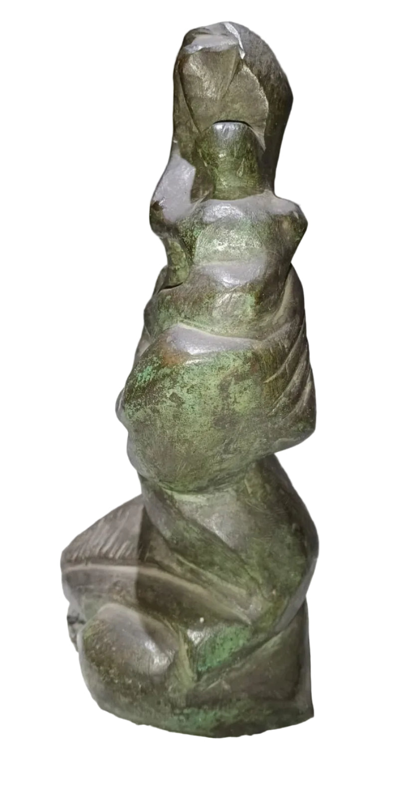 Modern bronze sculpture by Tapas Sarkar depicting a stylized mother and child with a textured green and dark brown patina