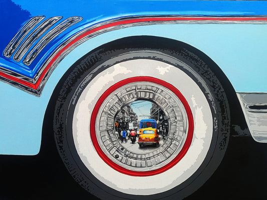 Sujit Karmakar painting of a vintage car wheel with a detailed urban street scene and yellow taxi inside the circular frame
