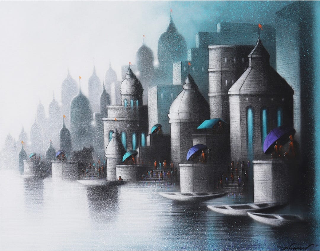 Banaras ghat painting with temples, river reflections, and umbrellas in cool tones by Somnath Bothe
