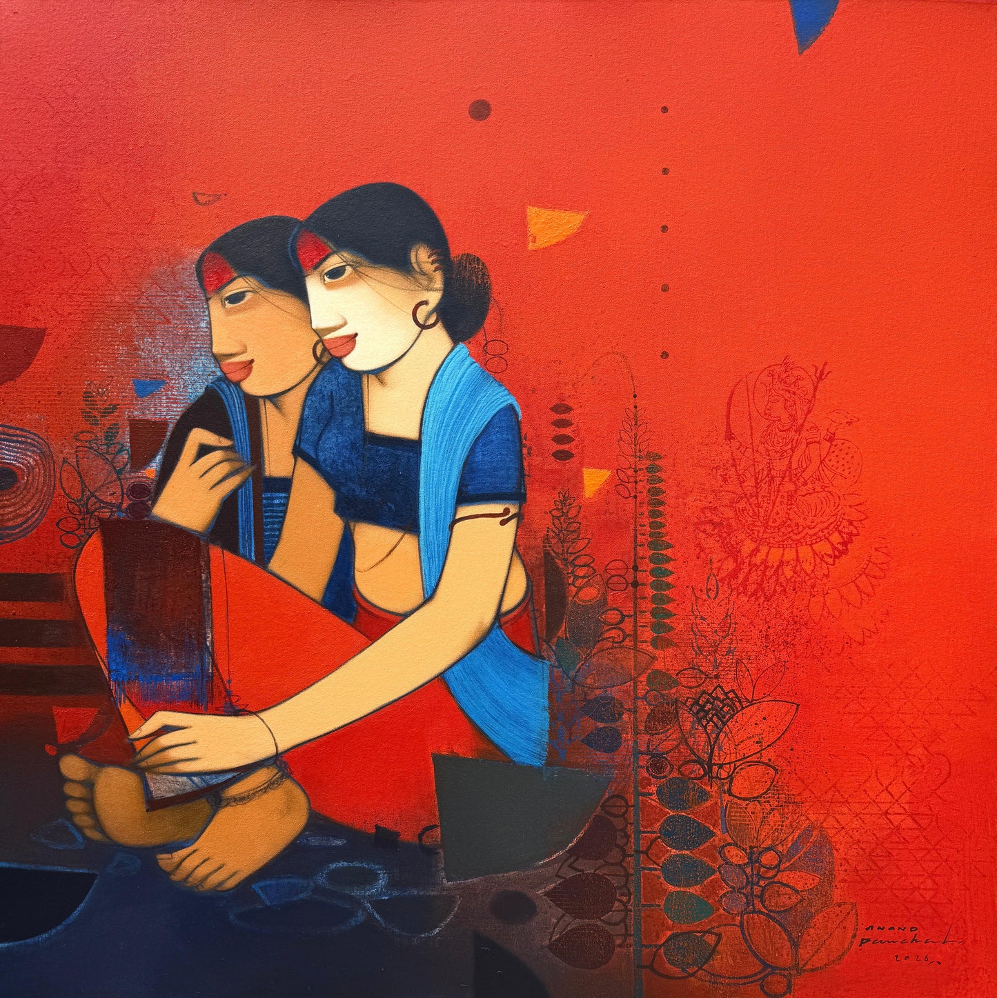 Contemporary Indian figurative painting by Anand Panchal from the Raan series featuring two adolescent figures in blue and red against a textured red background with floral motifs.