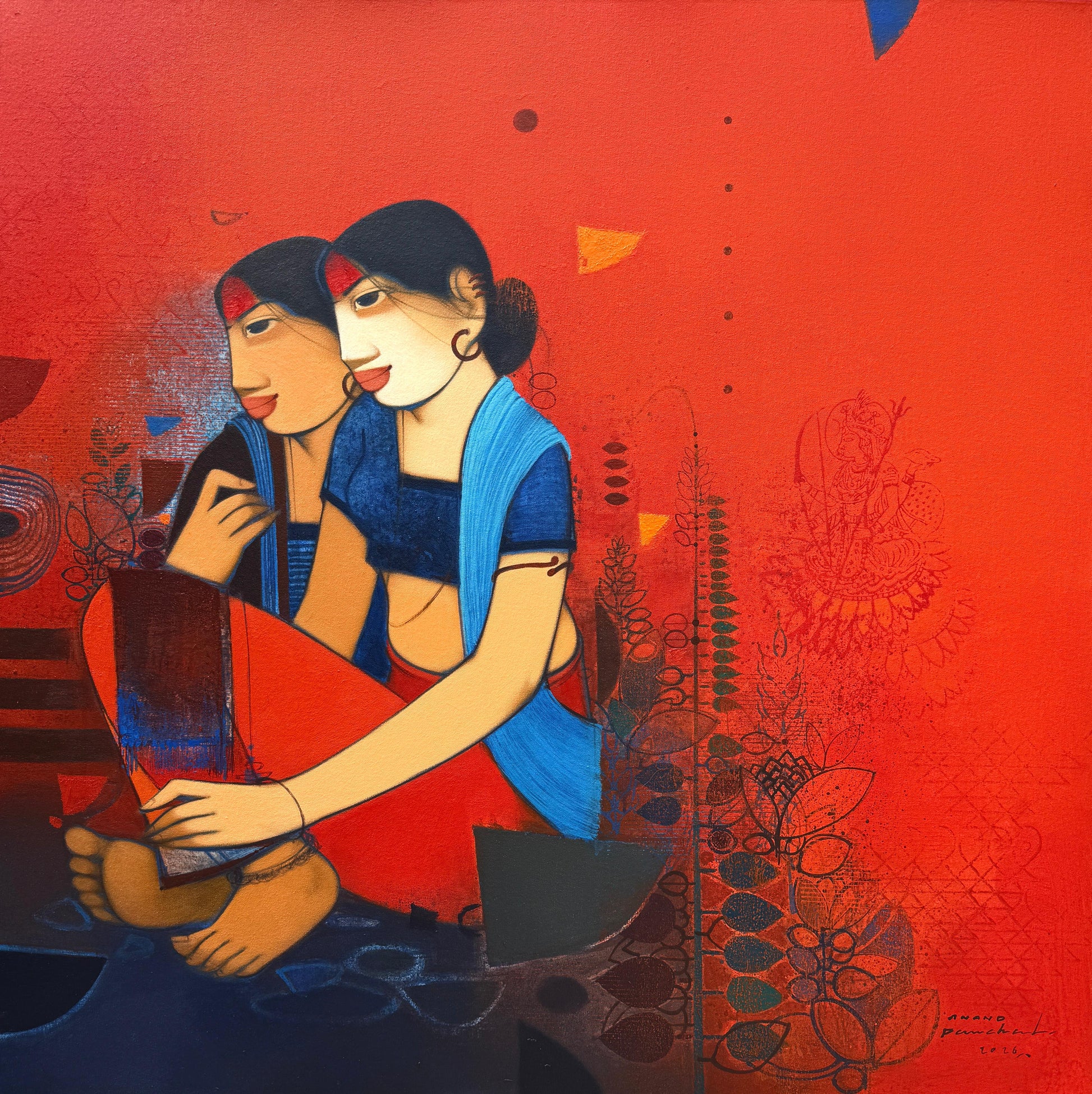 Contemporary Indian figurative painting by Anand Panchal from the Raan series featuring two adolescent figures in blue and red against a textured red background with floral motifs.
