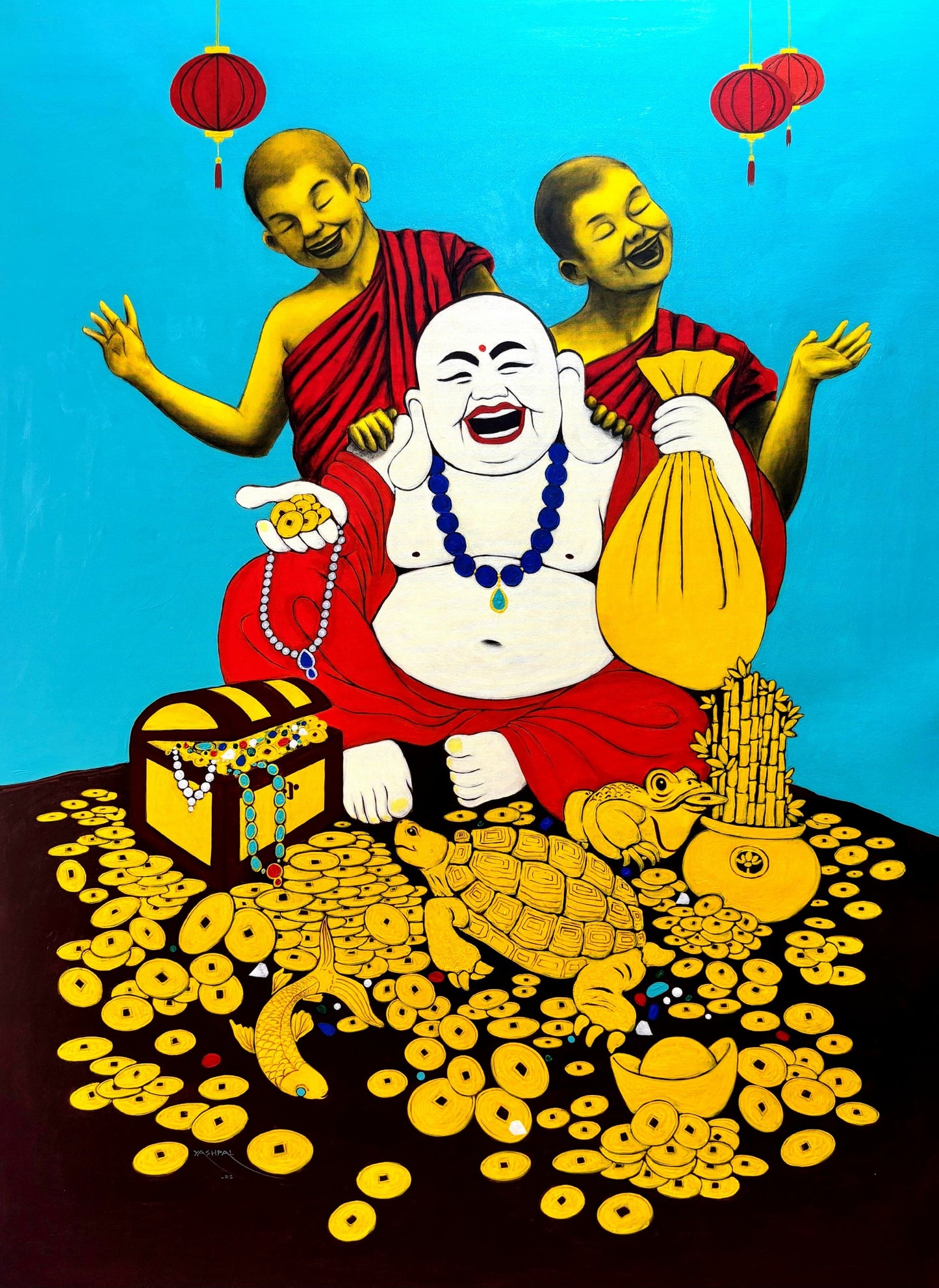 Yashpal Nandgaonkar, Affluence, Large charcoal and acrylic painting of a Laughing Buddha surrounded by a treasure chest, coins, gold turtle, money frog, and bamboo, with two laughing monks and red lanterns against a blue sky.