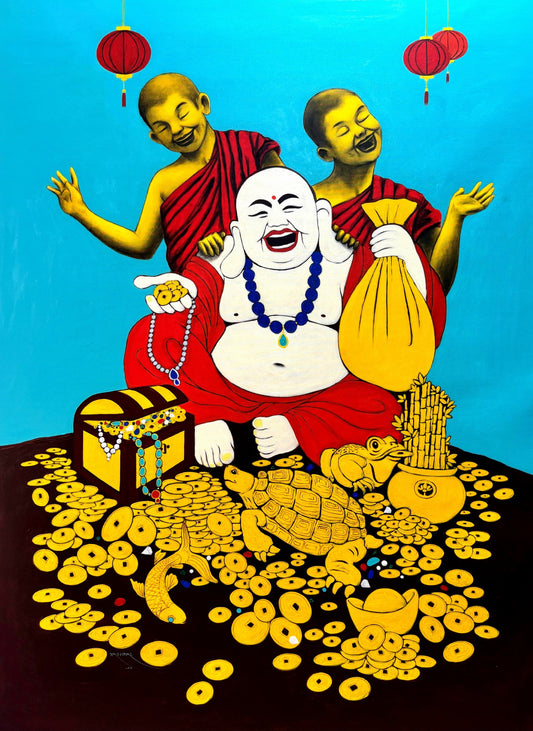 Yashpal Nandgaonkar, Affluence, Large charcoal and acrylic painting of a Laughing Buddha surrounded by a treasure chest, coins, gold turtle, money frog, and bamboo, with two laughing monks and red lanterns against a blue sky.
