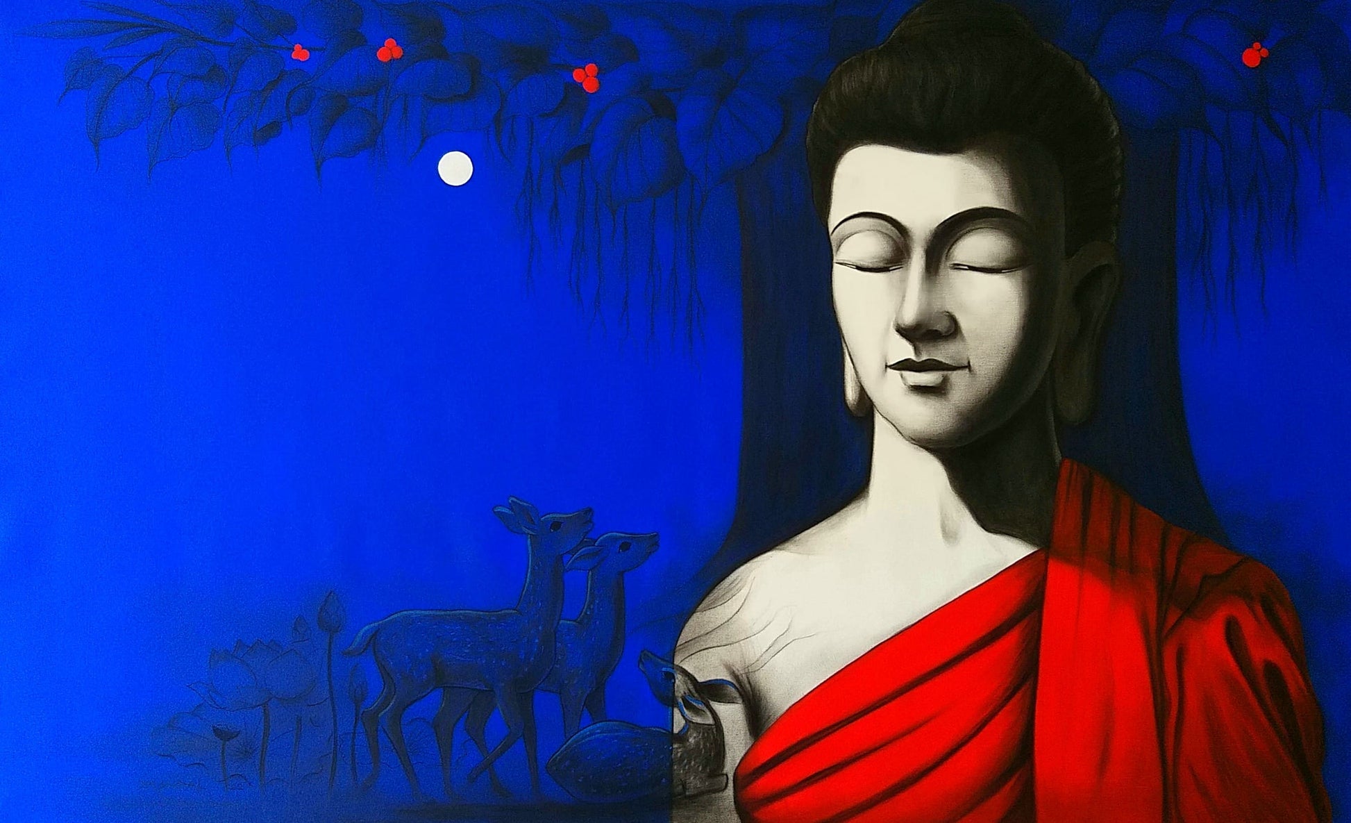 Yashpal Nandgaonkar, Anitya, Charcoal and Acrylic on Canvas, Buddha meditation with deer and Bodhi tree under a blue moonlit sky.
