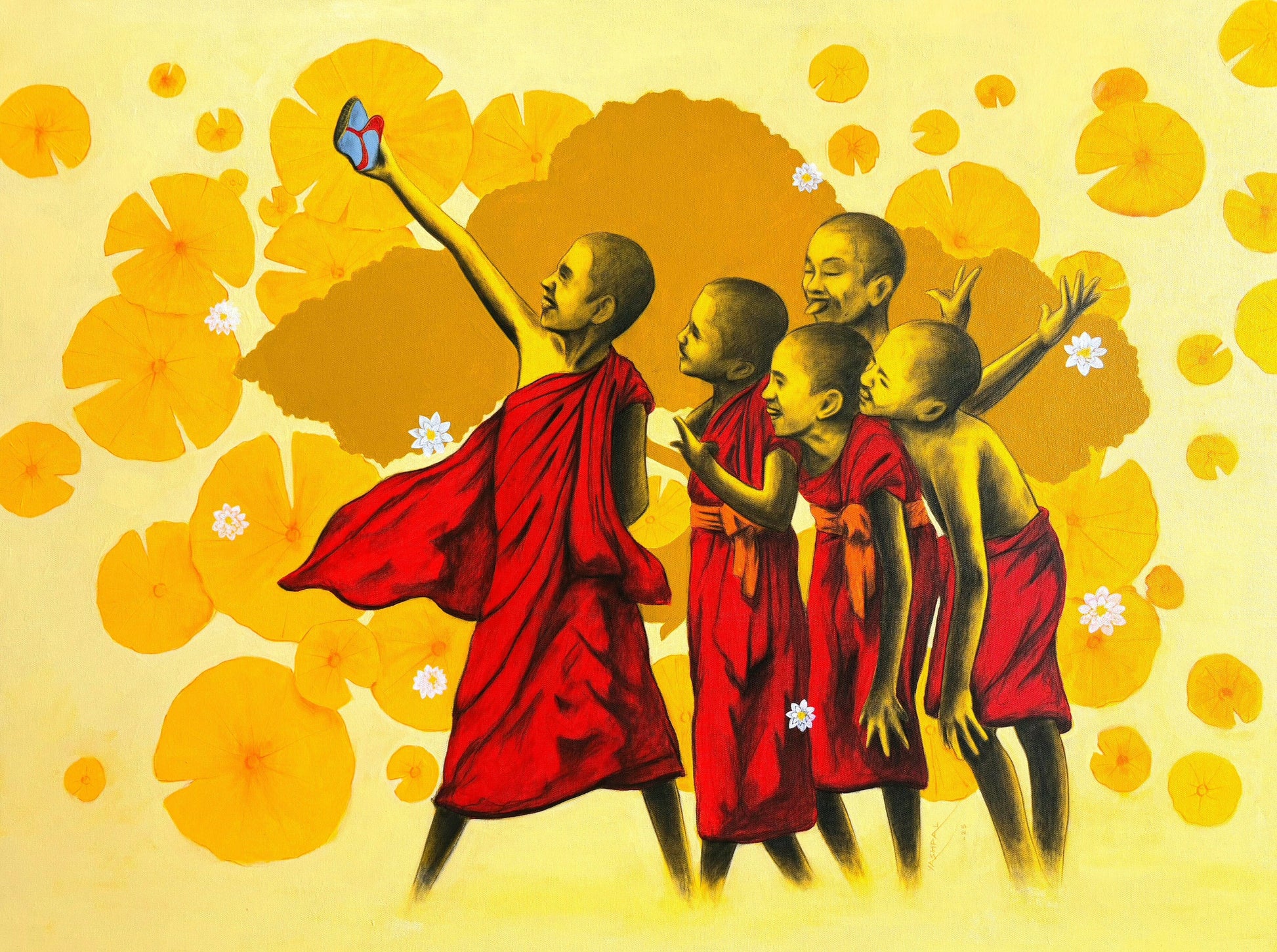 Yashpal Nandgaonkar, Children of Heaven, Charcoal and Acrylic on Canvas, young Buddhist monks laughing and taking a selfie against a yellow lotus background.