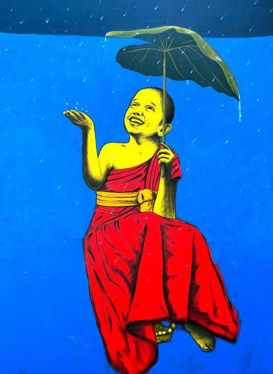 Yashpal Nandgaonkar, Joy Catcher, Charcoal and Acrylic on Canvas, young Buddhist monk laughing in the rain with a lotus leaf umbrella against a blue background.