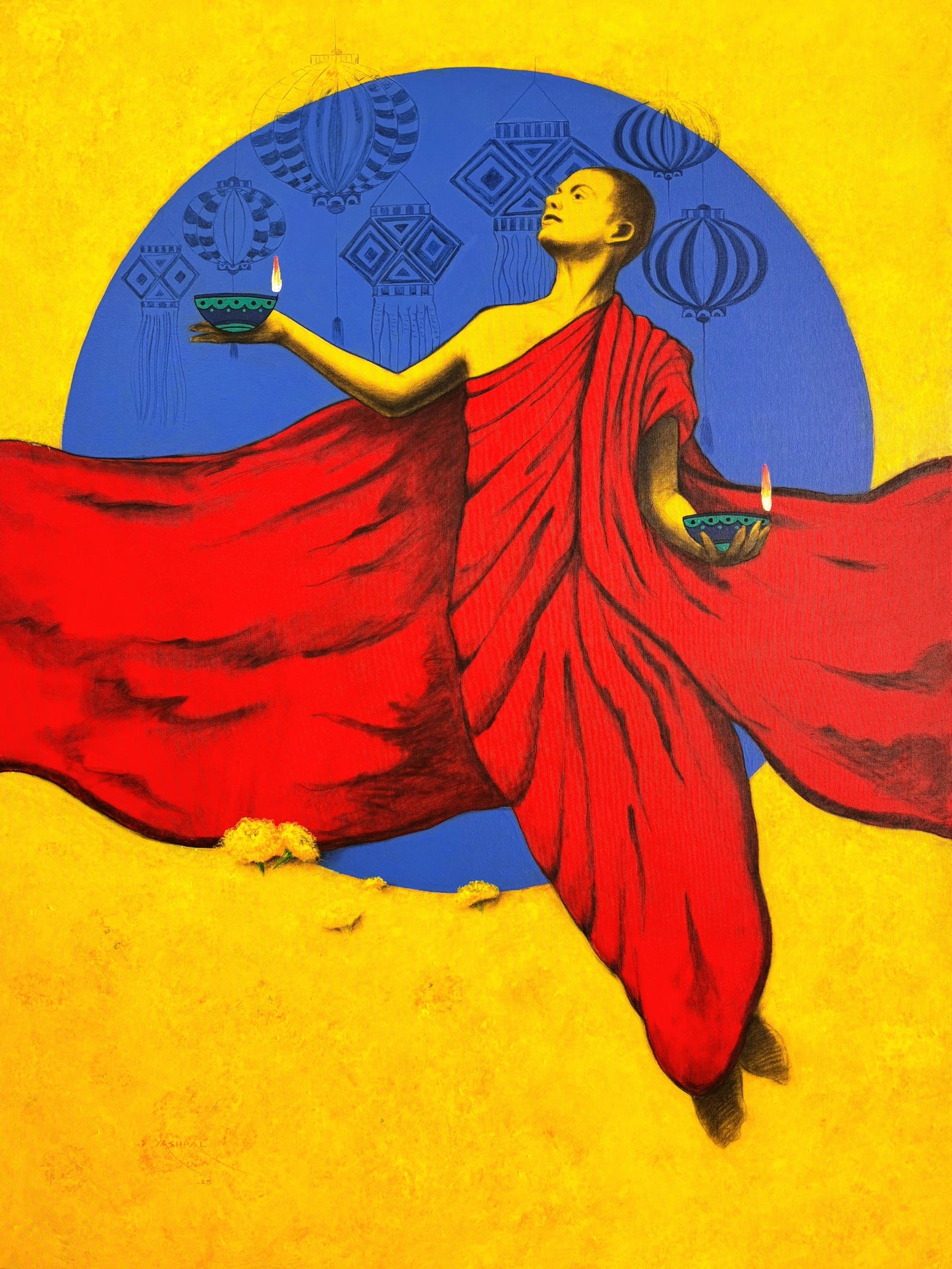 Yashpal Nandgaonkar, Season of Light, Charcoal and Acrylic on Canvas, a monk in flowing red robes holding two lamps against a yellow background with a blue circular motif and lanterns