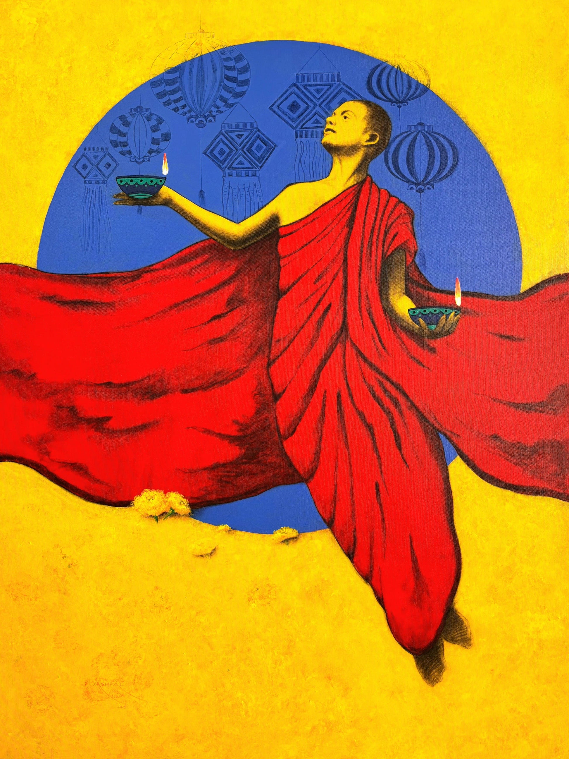 Yashpal Nandgaonkar, Season of Light, Charcoal and Acrylic on Canvas, a monk in flowing red robes holding two lamps against a yellow background with a blue circular motif and lanterns