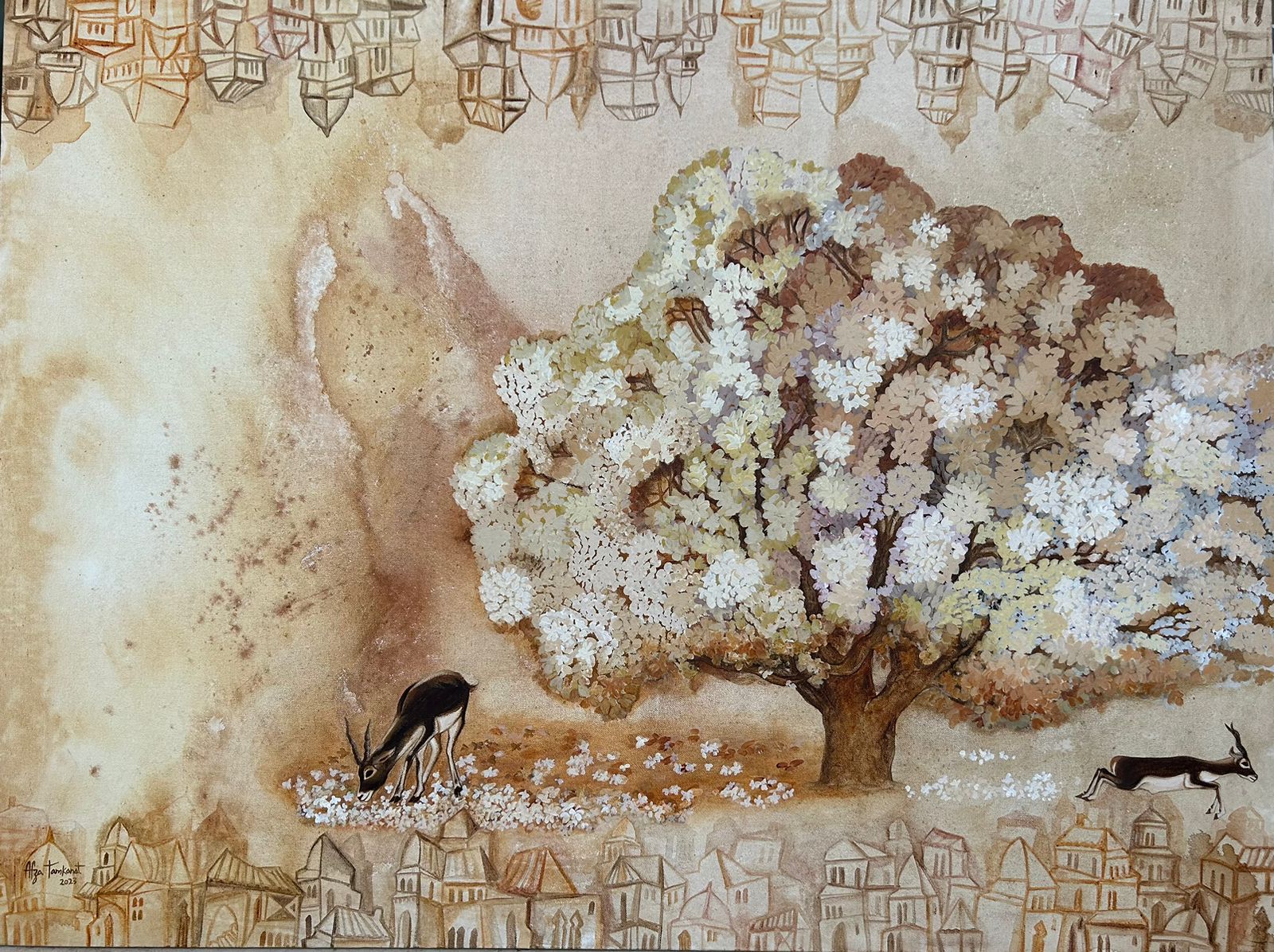 A horizontal mixed-media painting by Afza Tamkanat featuring a large white flowering tree and two blackbucks, framed by mirrored architectural sketches