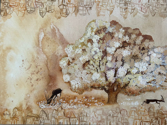 A horizontal mixed-media painting by Afza Tamkanat featuring a large white flowering tree and two blackbucks, framed by mirrored architectural sketches