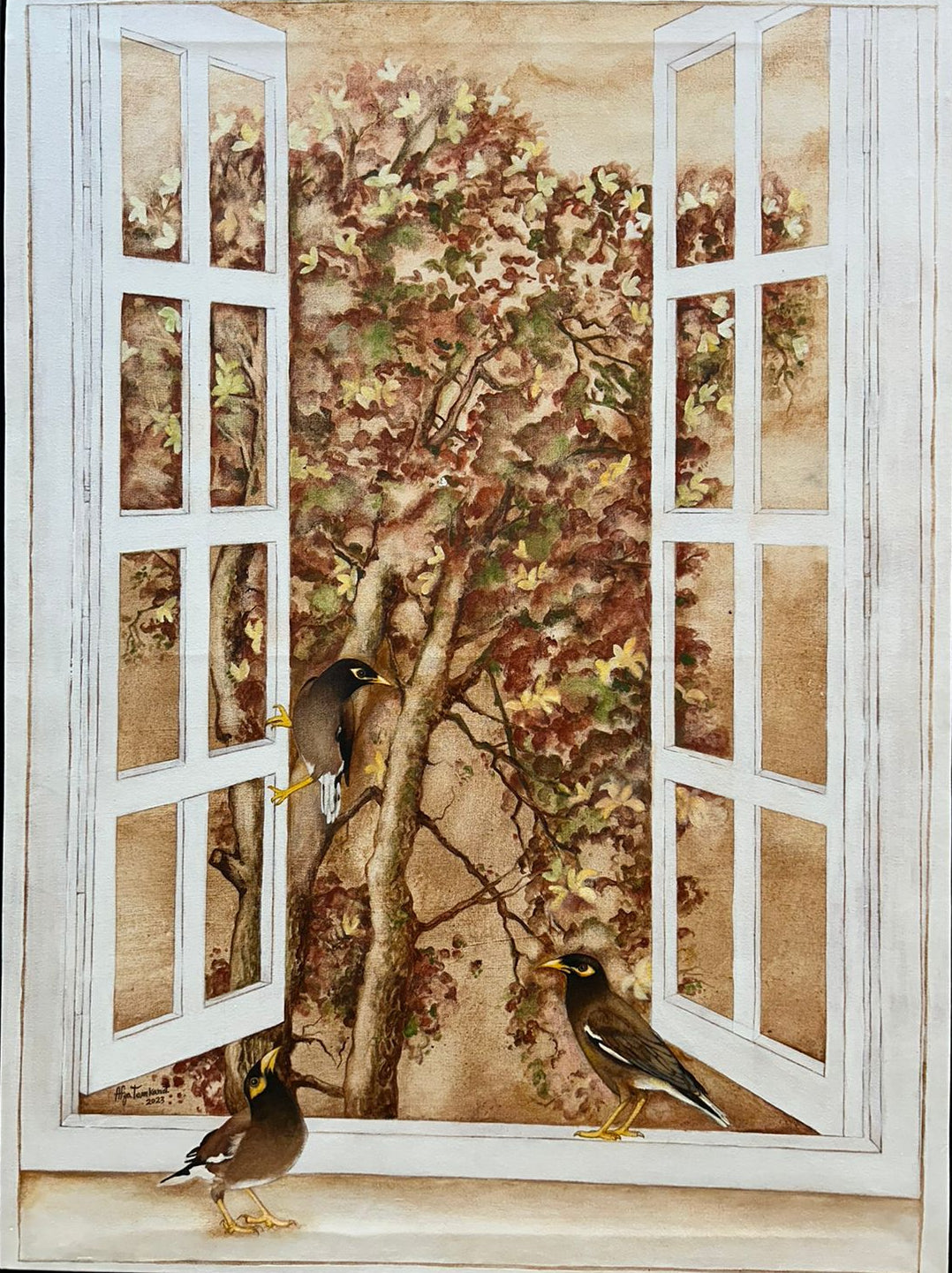Acrylic on canvas painting by Afza Tamkanat depicting three Myna birds perched on and around an open white window frame with a background of dense, earth-toned trees