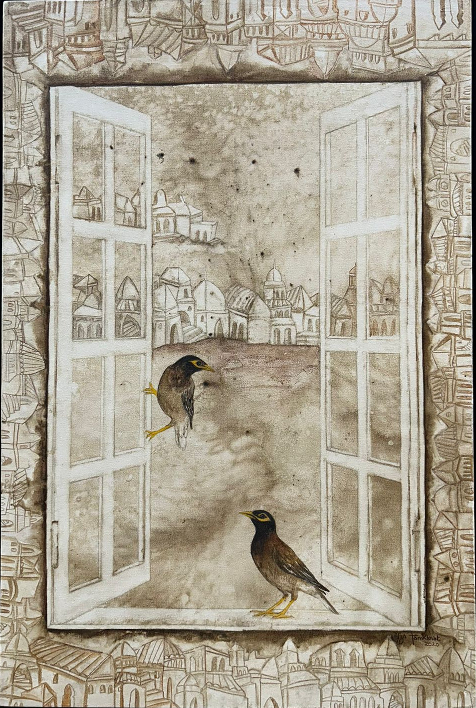 Original mixed-media painting by Afza Tamkanat featuring two Myna birds on a window sill overlooking a sepia-toned cityscape, created with coffee and watercolor