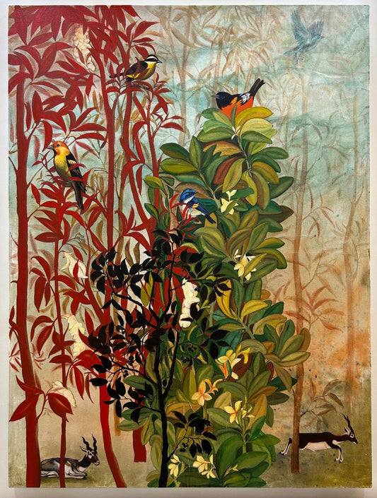 A contemporary figurative painting by Afza Tamkanat featuring various colorful birds perched in dense, stylized trees and gazelles in a soft-toned landscape