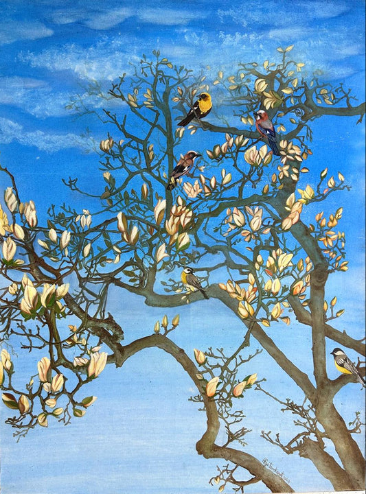 A contemporary figurative painting by Afza Tamkanat featuring various colorful birds perched in dense, stylized trees and gazelles in a soft-toned landscape.