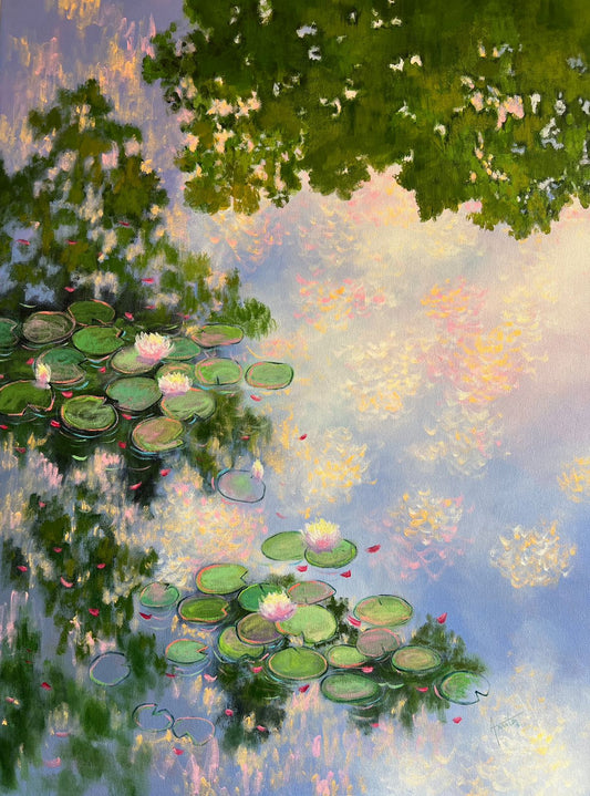 Vertical contemporary painting by Amita Dand titled "Breathe," showing green tree branches overhanging a pond with pink lilies and bright sunlight reflections.