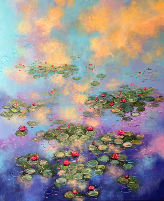 Large vertical painting by Amita Dand titled "Celestial Tapestry," featuring pink lilies on a blue and purple pond with golden-yellow cloud-like reflections.