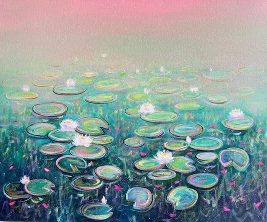Contemporary landscape painting by Amita Dand titled "First Love," depicting white water lilies and green lily pads on a dark teal pond under a soft pink sky.
