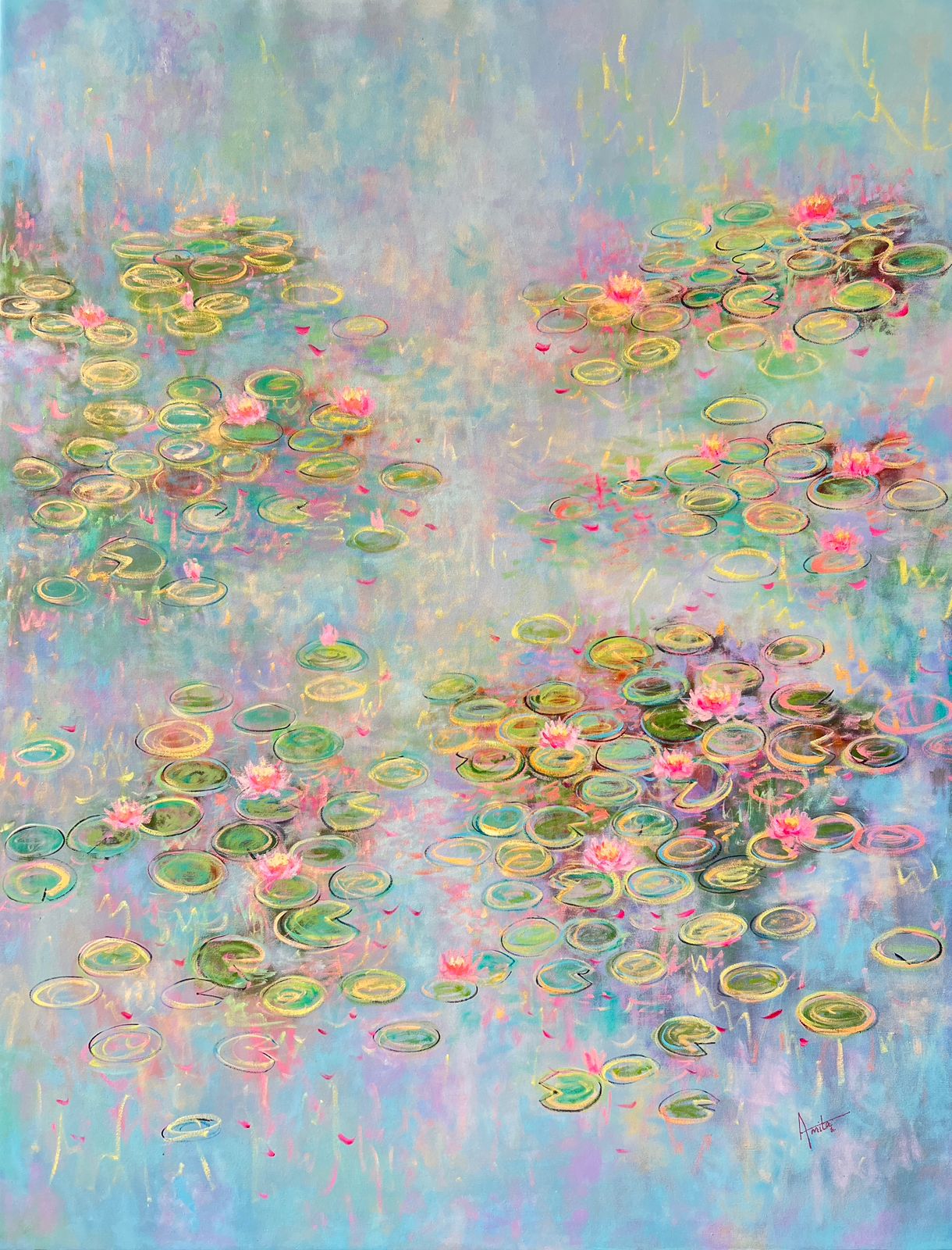 Vertical semi-abstract painting by Amita Dand titled "If Paradise Was Blue," featuring clusters of pink water lilies on a textured light blue and lavender water surface.