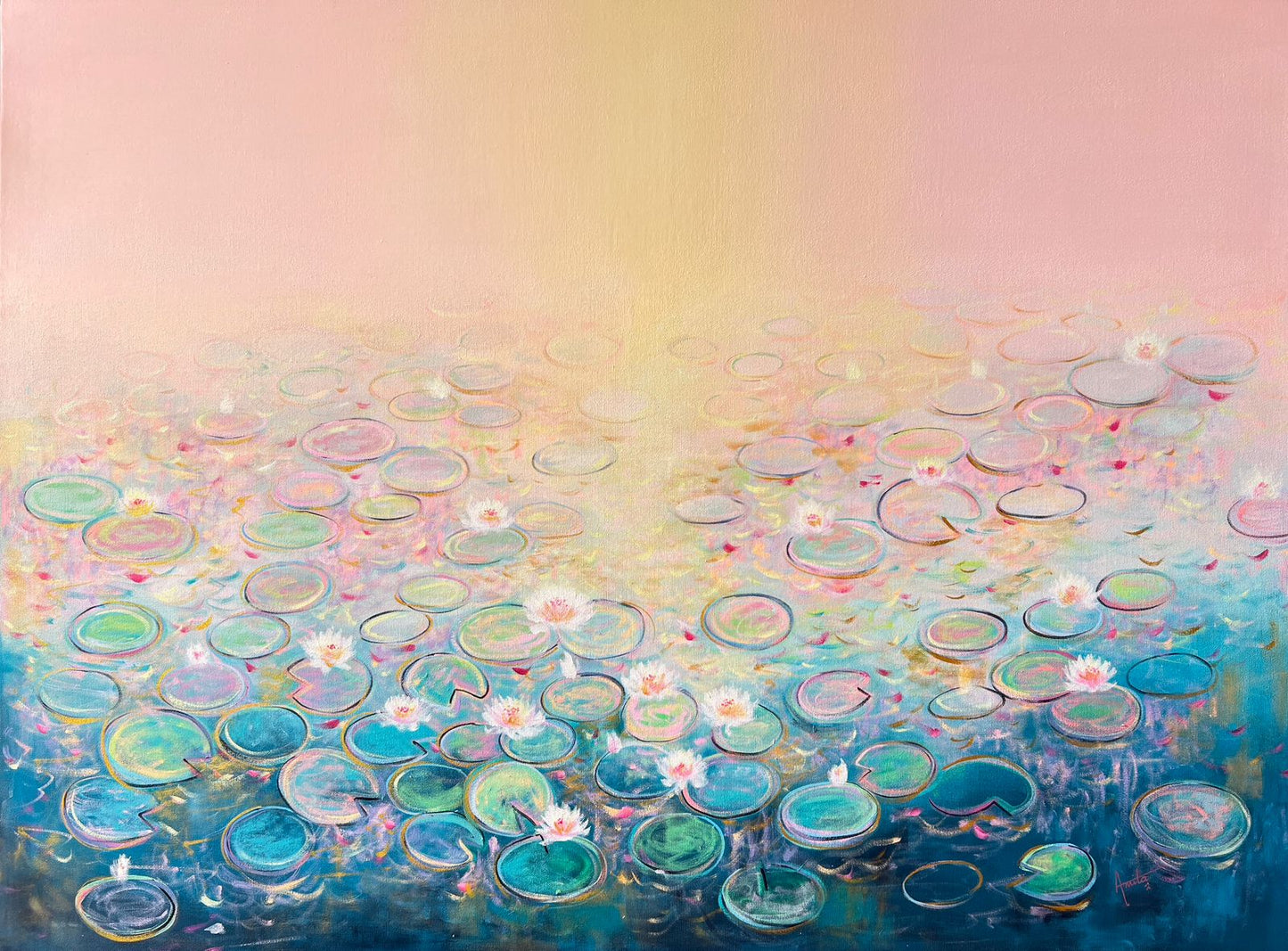 Semi-abstract painting of a water lily pond by Amita Dand, featuring teal and pink lily pads transitioning into a glowing peach and gold sky