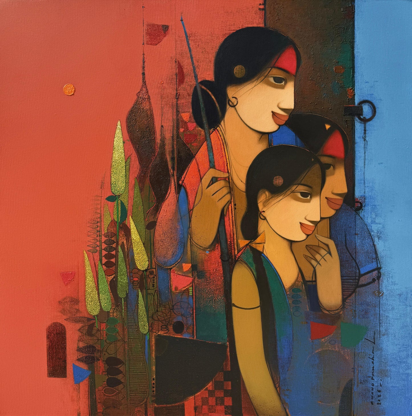 Contemporary figurative painting by Anand Panchal depicting three rural Indian figures with large, expressive eyes in a vibrant composition of terracotta red and cerulean blue, featuring stylized flora and geometric textures.