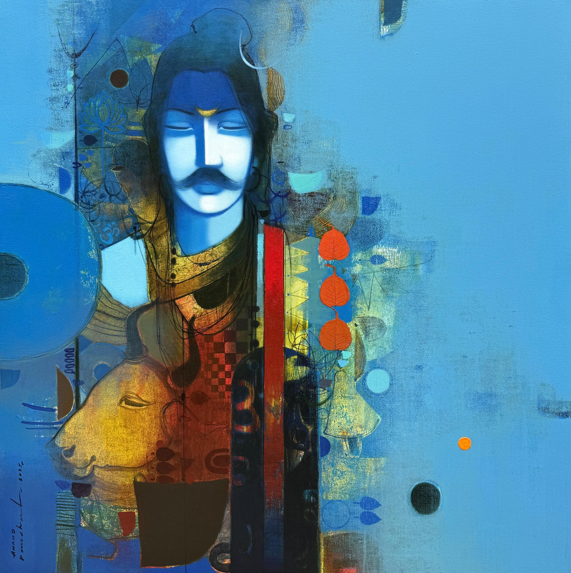A contemporary blue figurative painting of Lord Shiva with closed eyes and a mustache, accompanied by Nandi the bull, featuring traditional symbols and modern textures by artist Anand Panchal