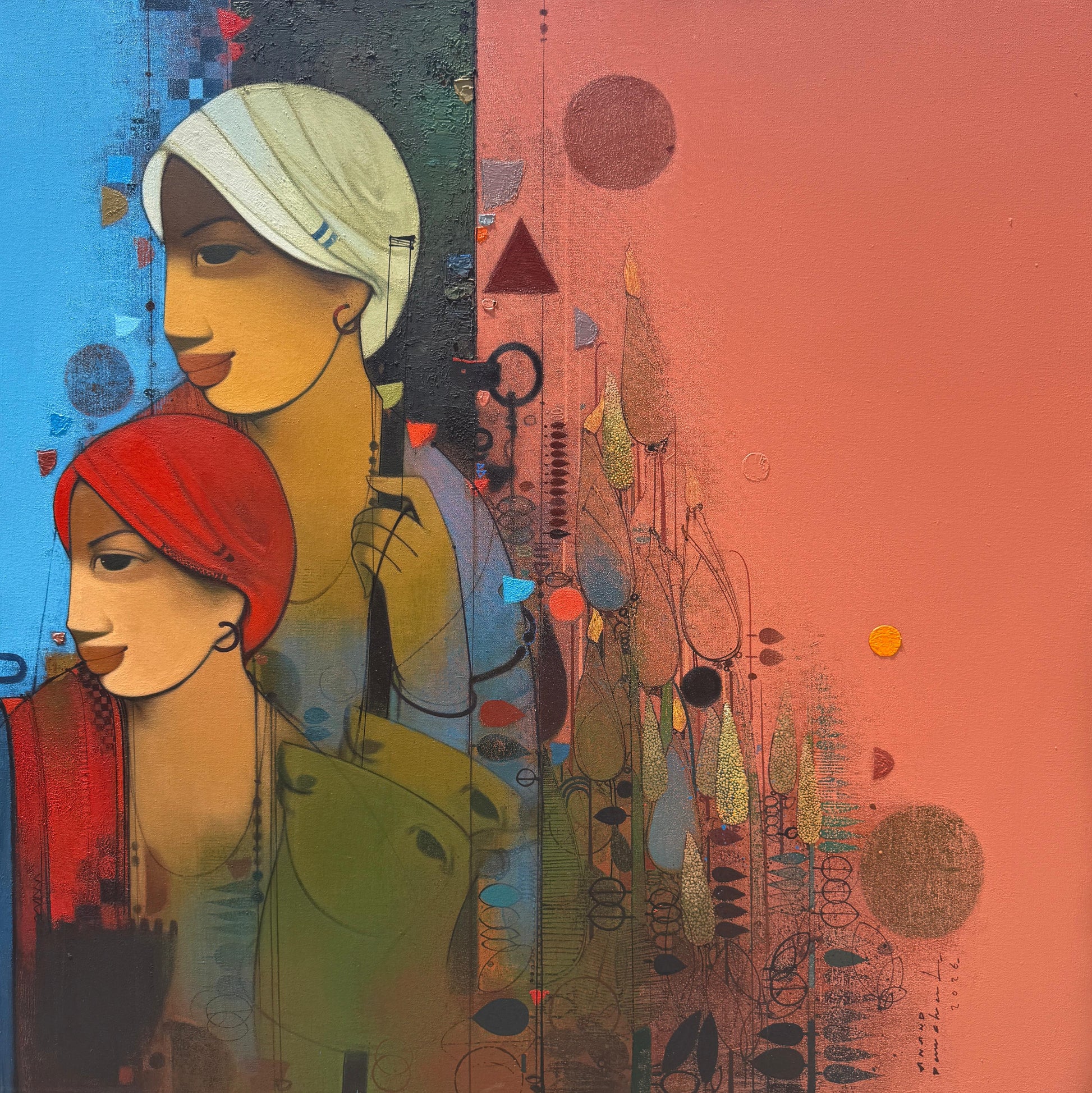 Contemporary Indian figurative painting by Anand Panchal from the Raan series featuring two adolescent figures in red and white headgear against a textured blue and terracotta background.