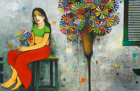 A contemporary Indian figurative painting by Anand Panchal showing a woman in a green top and red skirt holding colorful paper fans against a textured grey wall