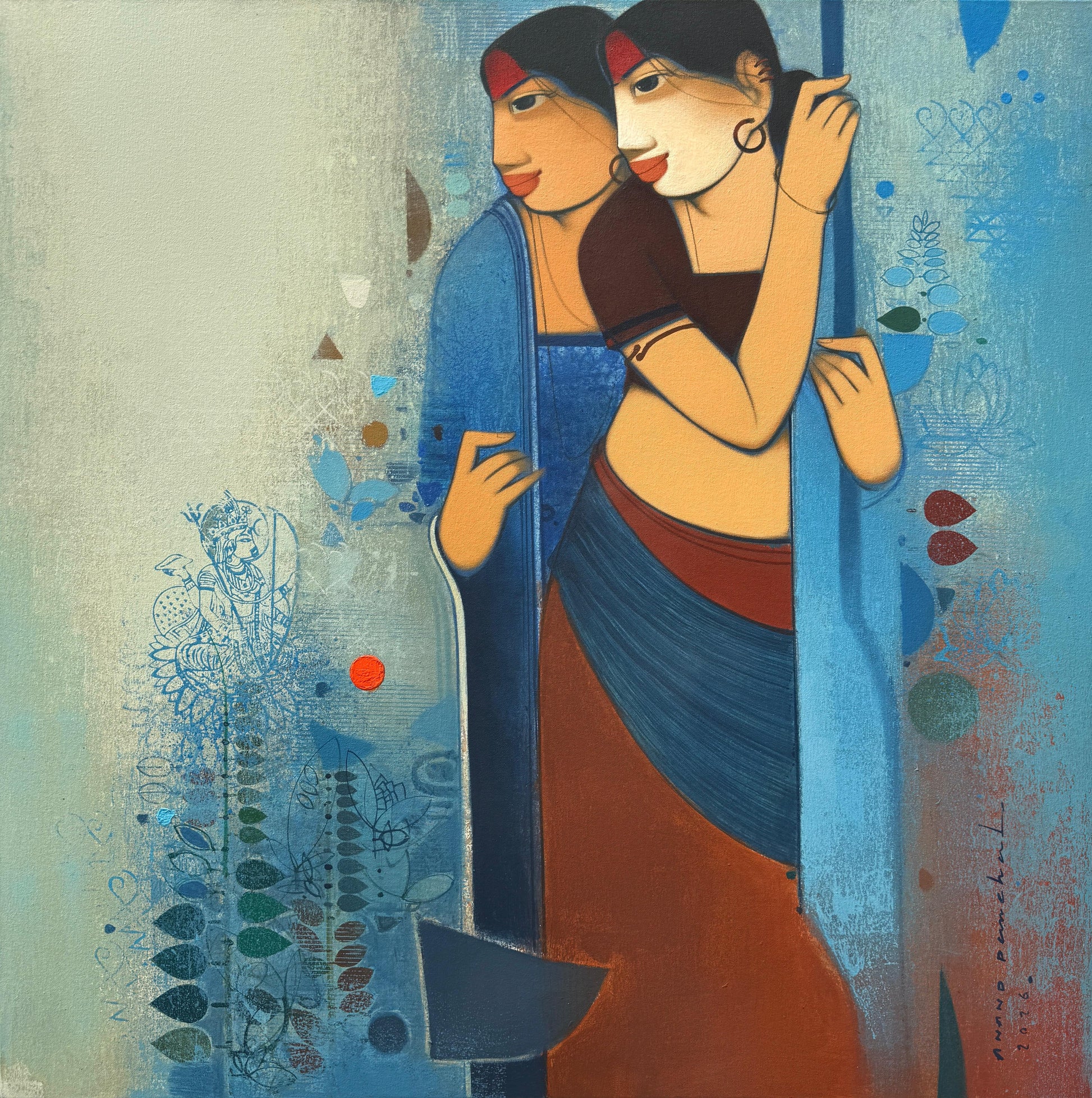 Contemporary figurative painting by Anand Panchal from the Raan series, featuring two adolescent figures with large eyes against a textured blue and red background with floral motifs. 
